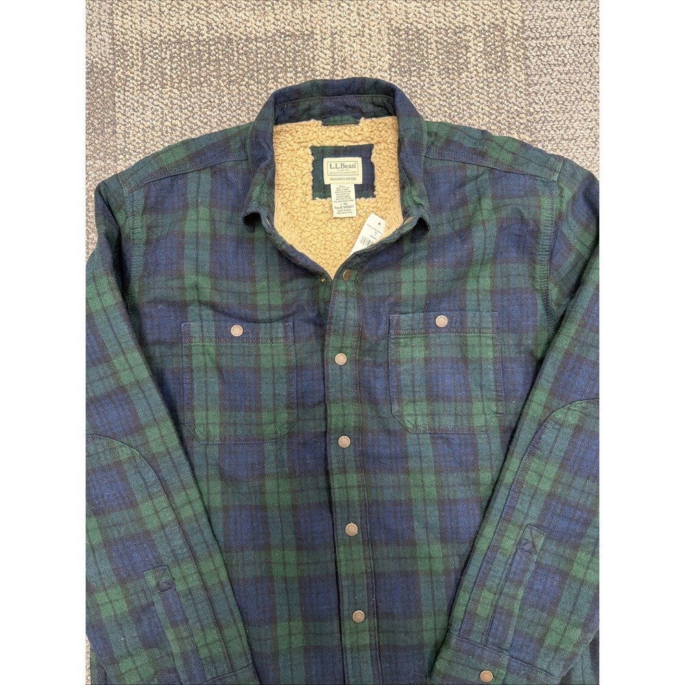 LL Bean Sherpa Lined Scotch Plaid Flannel Shirt Men's L. Black watch green blue